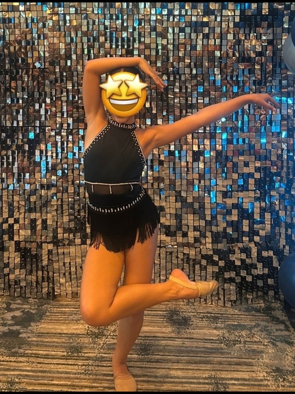 Black Kids Dance Costume with Rhinestone Trim And Fringe Skirt
